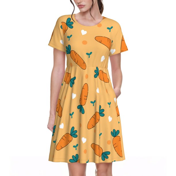 Disketp Love Carrot para Vestido de Manga Corta para Mujeres, Vestidos de Verano para Mujeres, Casual y Holgado para la Playa