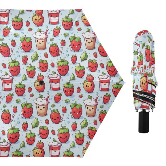 Cute Strawberries Face Compact Sun Umbrella Windproof Travel Umbrellas for Rain Strong Portable UV Protection