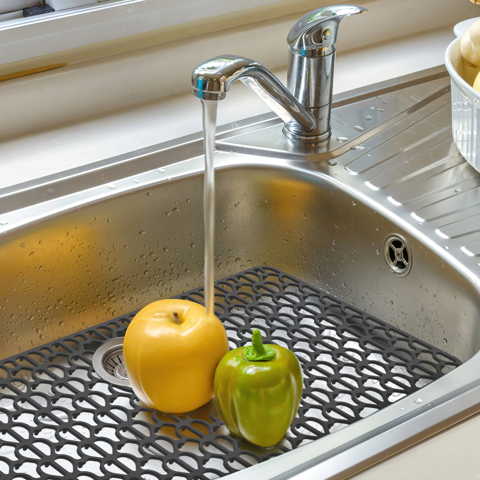 Tzgsonp Silicone Sink Protectors for Kitchen, Anti-Slip Sink Mat Folding Sink Drain Mat Dish Drying Pad, Black, 25.98*13.78inch