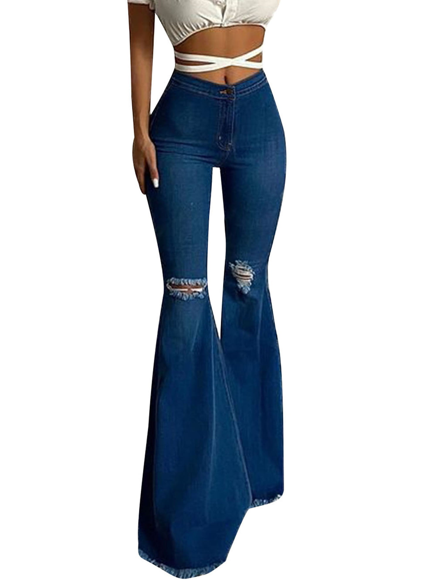 Gwiyeopda Women Destroyed Flare Jeans Elastic Waist Bell Bottom Raw Hem  Denim Pants - Walmart.com