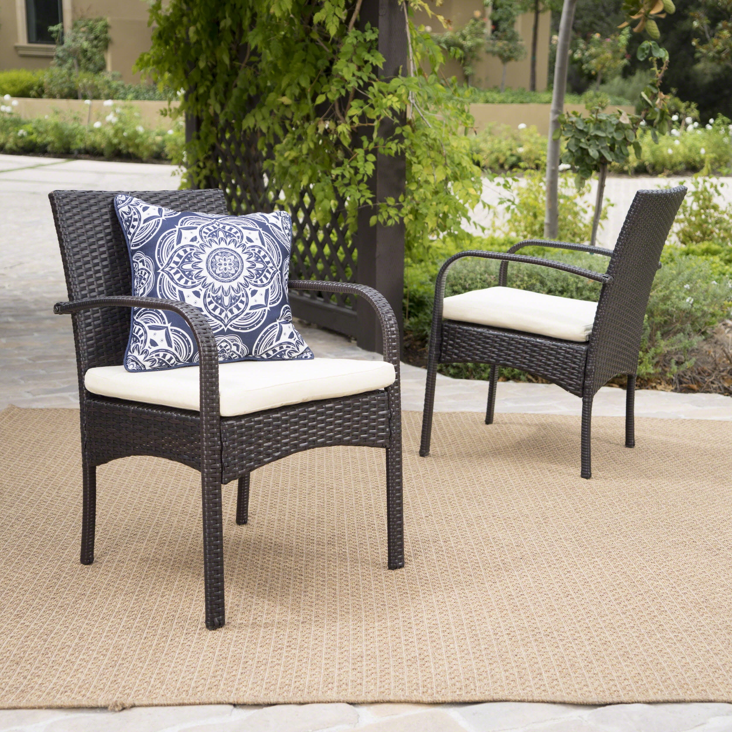 Outdoor PE Woven Dining Chair Set of 2, Weather Resistant Household Seats for Patio Garden, Iron Brown