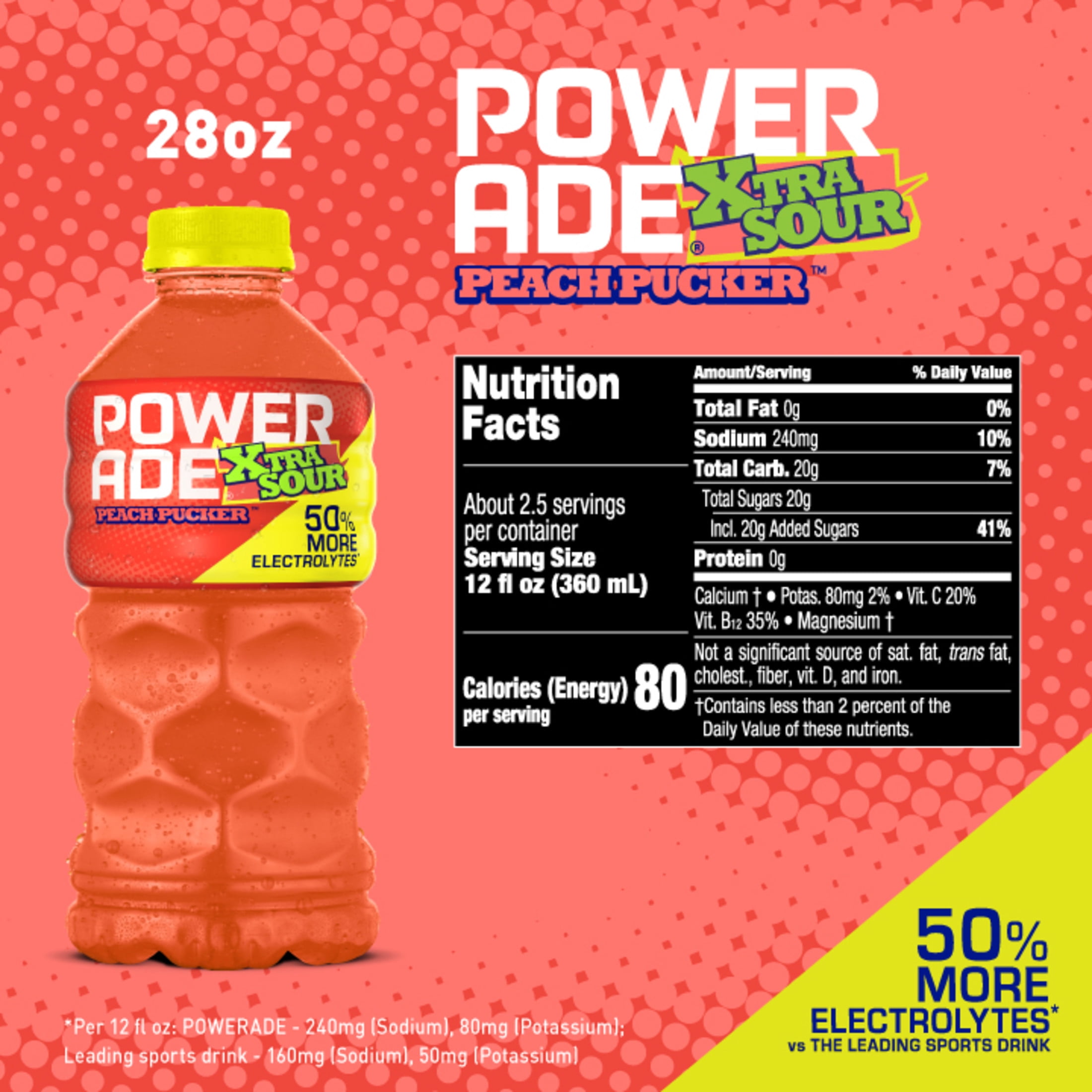 POWERADE XTRA SOUR Peach Pucker Electrolyte Sports Drink Bottle, 28 fl oz