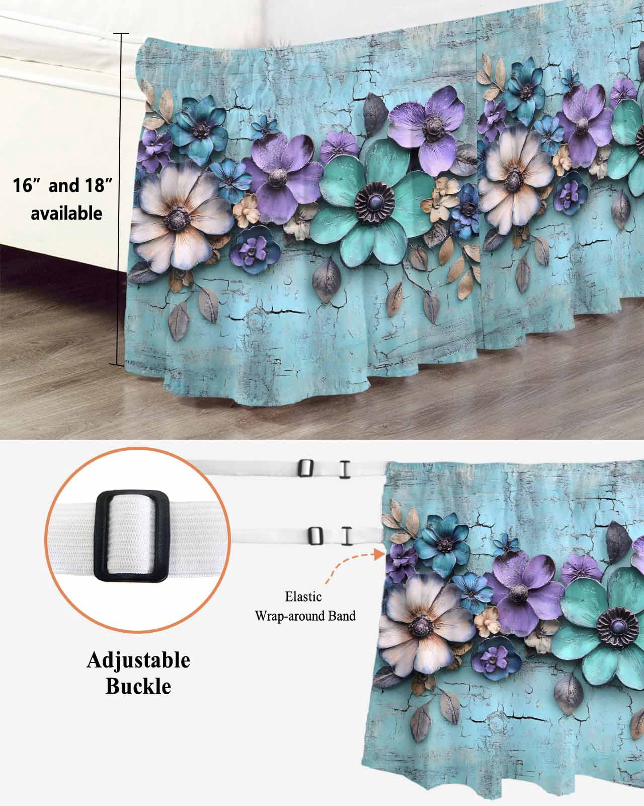 Spring Purple Flowers Wrap Around Bed Skirts for Queen Bed 18" Drop,Bed Skirt with Adjustable Elastic Belt Dust Ruffle Bed Valance for Bedroom Hotel Floral Mottled Teal Wall Retro Bed Frame Cover