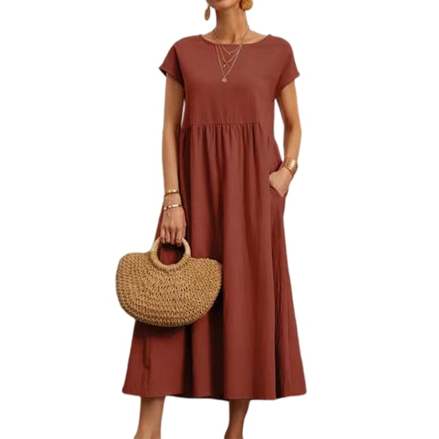 Innerwin Dresses Crew Neck Ladies Dress Beach Solid Color Loose Sundress Orange 5XL