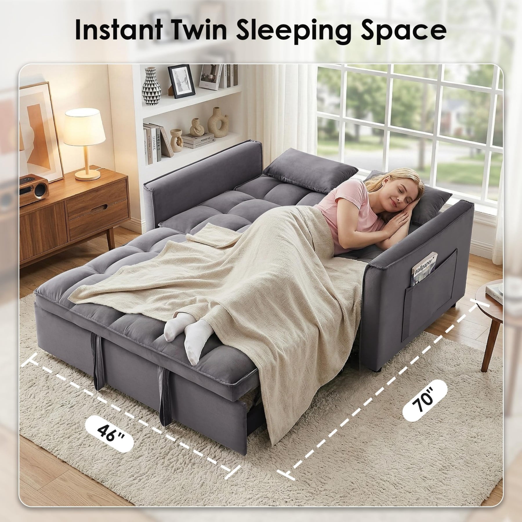 54" 3 in 1 Convertible Velvet Sofa Bed, 3 Position Foldable Sleeper Couch with Adjustable Backrest & Pillows, Dark Gray