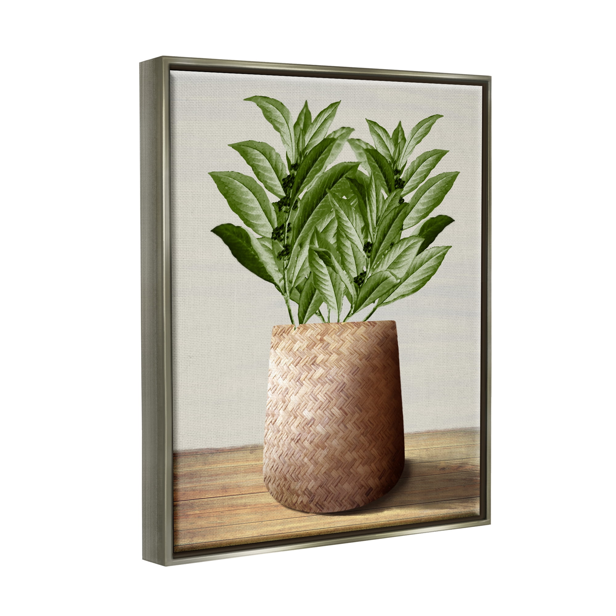 Stupell Industries Greenery in Woven Planter Botanical & Floral Painting Gray Floater Framed Canvas Art Print Wall Art, 25 x 31