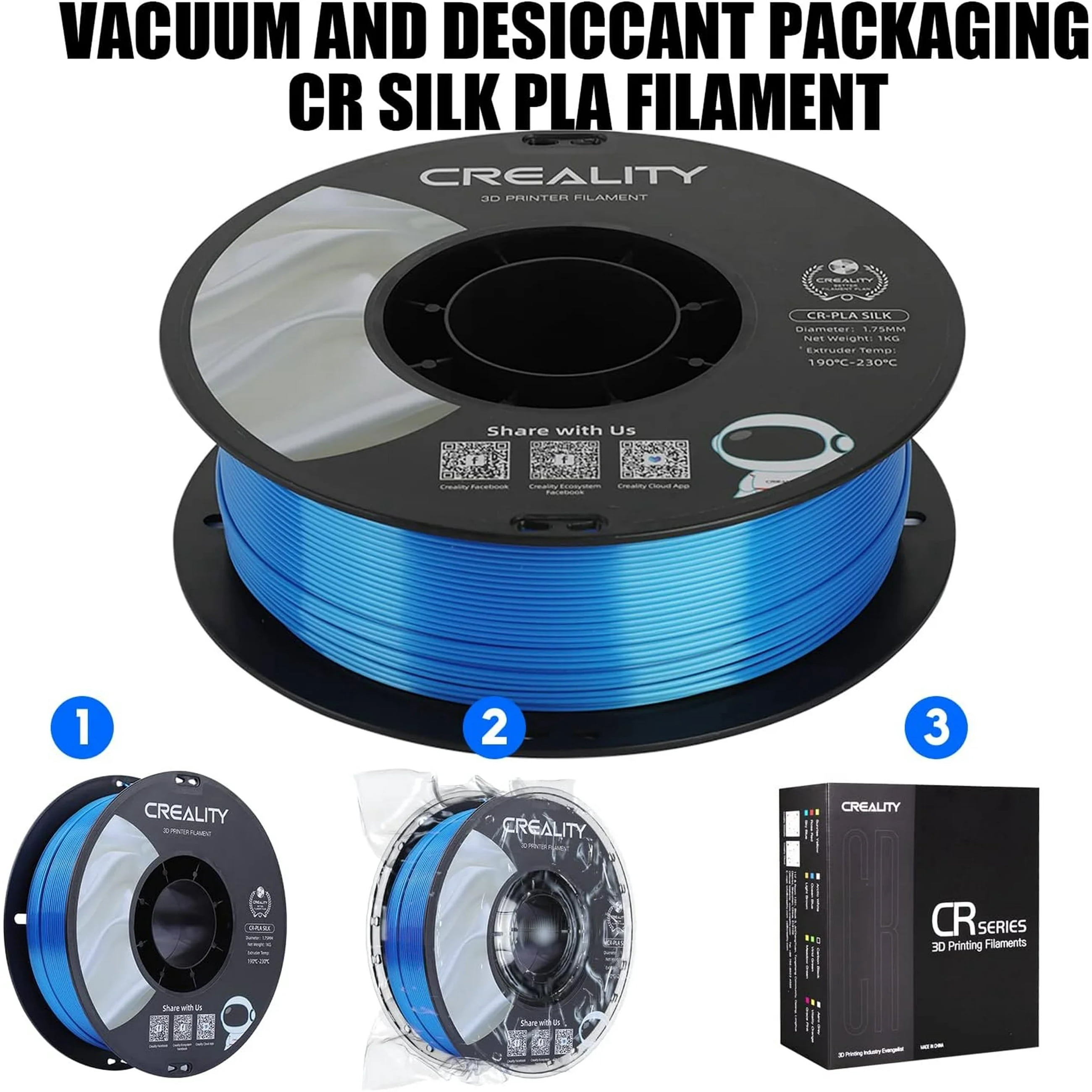Creality Silk PLA Filament 4-Pack 1.75mm High Gloss 2.2lb Spools Each Clog-Free Use w Creality Ender CR Series & Most FDM Printer Blue 4 Unit per pack