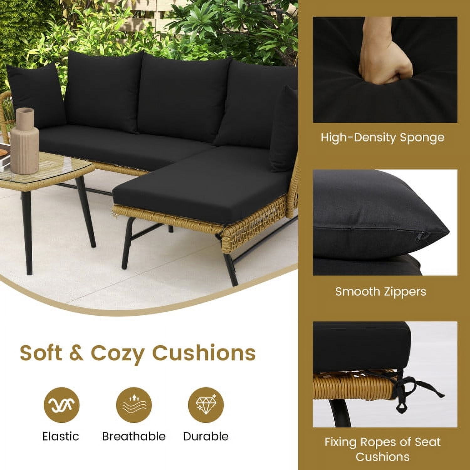 Aimee Lii 3 Pieces L-Shaped Patio Sofa with Cushions and Tempered Glass Table, Outdoor Patio Set, Black Aimee Lii 3 Pieces L-Shaped Patio Sofa with Cushions and Tempered Glass Table, Outdoor Patio Set, Black