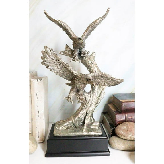 Large King Of The Skies Electroplated Silver Bald Eagles Taking Flight Statue