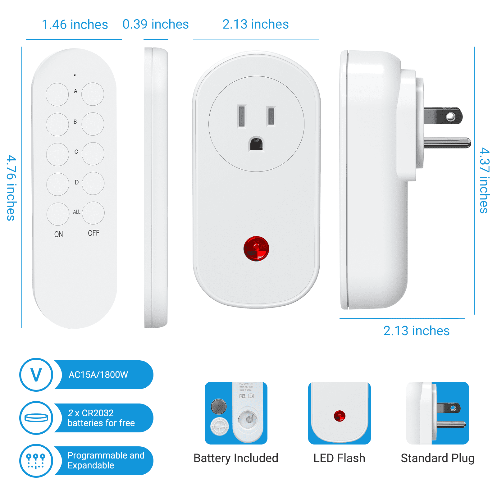 SURNICE Wireless Remote Control Outlet, 40m/130ft Range Mini Electrical  Outlet Switch Plug for Lights, Household Appliances, Expandable Remote  Light