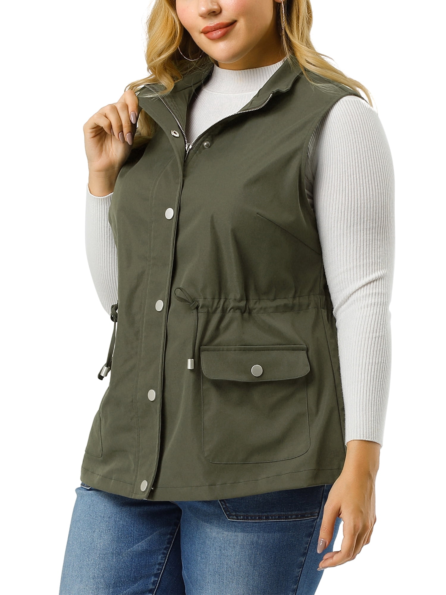 DARING DIVA Women's Plus Size Lightweight Sleeveless Anorak Cargo Vest 2X ArmyGreen