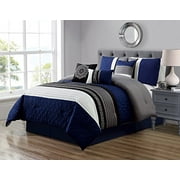 GrandLinen 7 Piece Navy Blue/Grey/Black/White Scroll Embroidery Bed in A Bag Microfiber Comforter Set (California) Cal King Size Bedding. Perfect for Any Bed Room or Guest Room