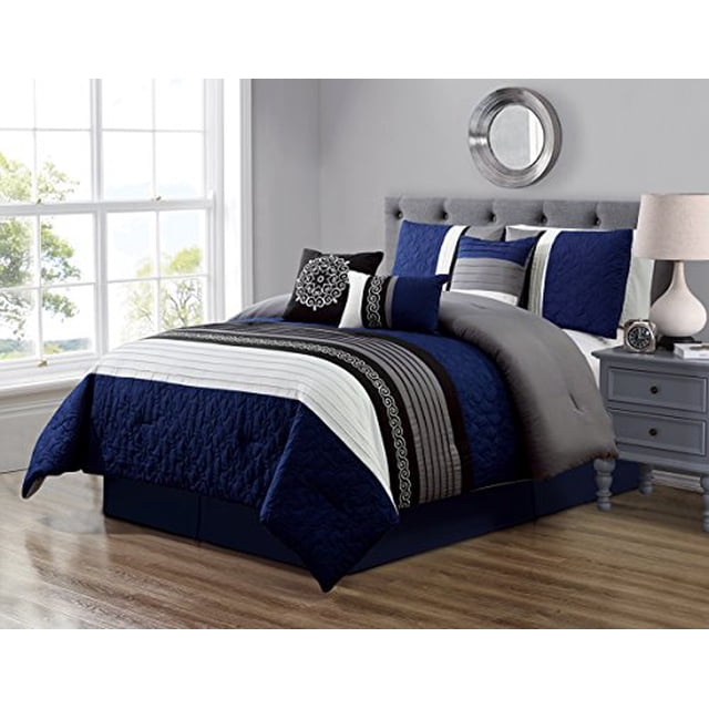 GrandLinen 7 Piece Navy Blue/Grey/Black/White Scroll Embroidery Bed in A Bag Microfiber Comforter Set (Double) Full Size Bedding. Perfect for Any Bed Room or Guest Room