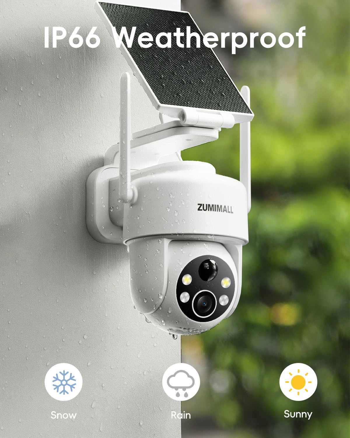 ZUMIMALL 2K Solar Security Camera Outdoor Wireless, 360° PTZ, Color Night Vision, IP66 Waterproof, 2.4GHz WiFi, Dual-Mount Solar