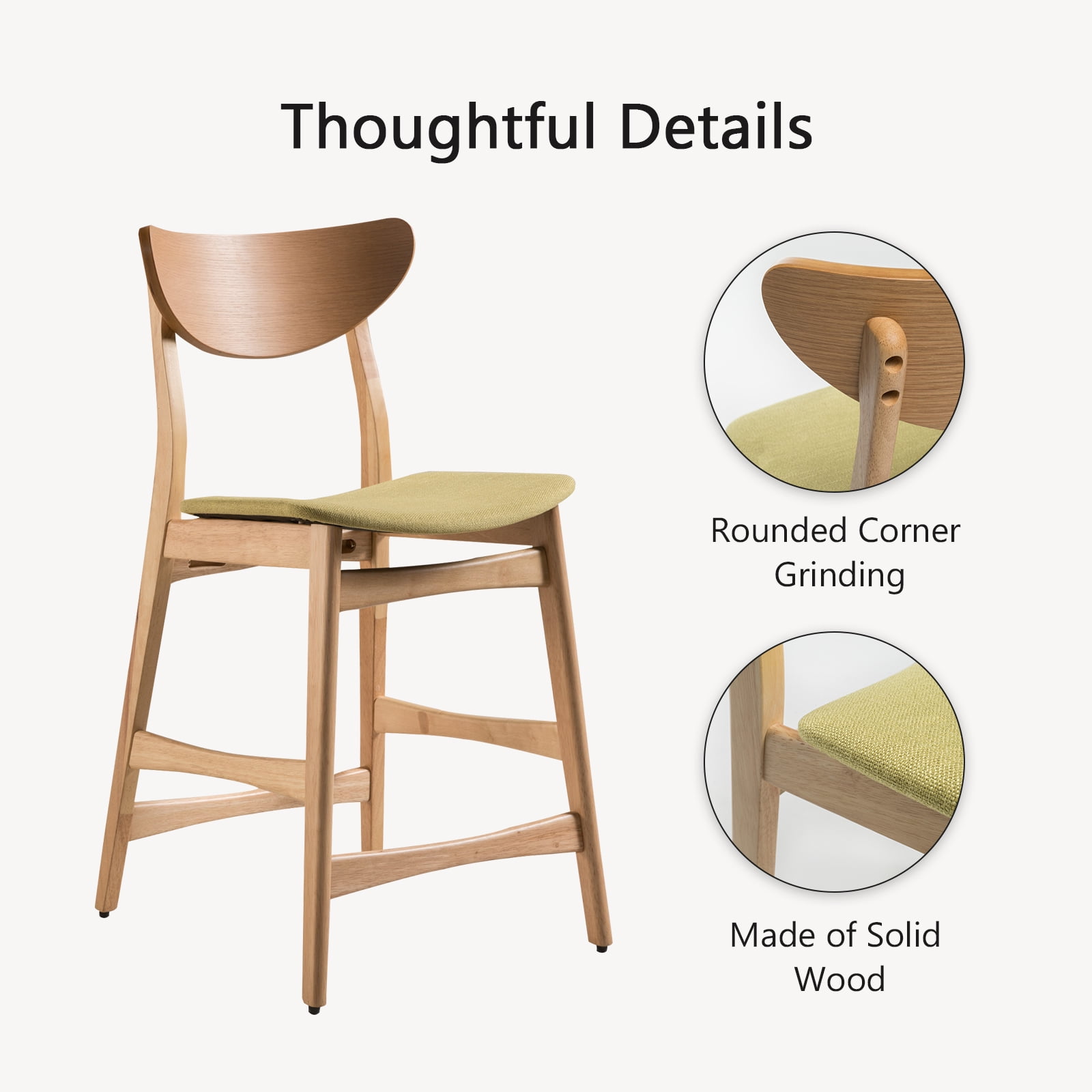 Kadyn Mid-Century Modern Counter Stool, Fabric Upholstered Barstool with Backs and Wood Legs, Leisure Padded Chair for Coffee House, Brown