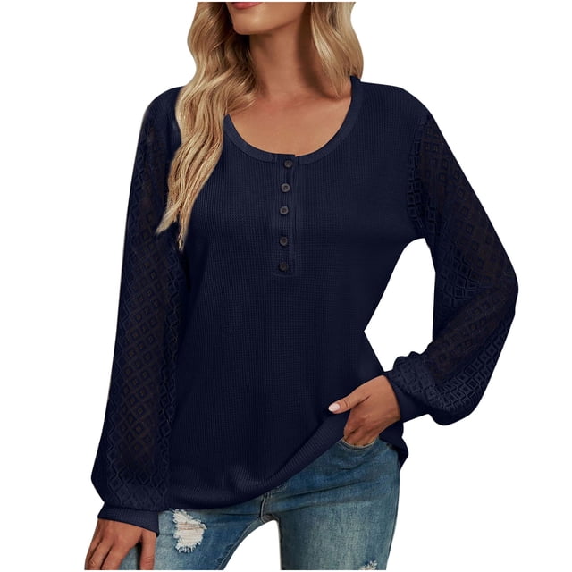 Blusa de manga larga con cuello en V de color sólido con costura de encaje informal para mujer Pompotops qwe24516