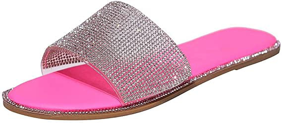 Women Summer Sandals Sparkly Sandals Rhinestone Slides Flats Dressy Wedding Shoes Comfortable Sandals for Women 
