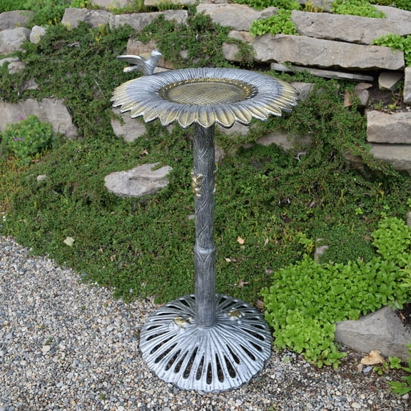 Round Cast Aluminum Metal 30-in Bird Bath with Sunflower Bowl