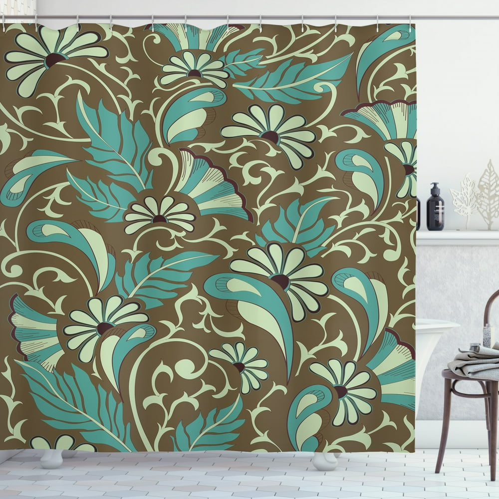 Oriental Shower Curtain, Ornamental Nostalgic Floral Design Swirling