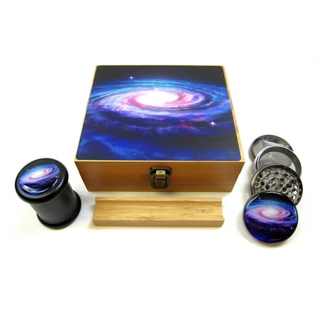 Galaxy Wood Herb Stash Box Set Combo 7x7 inch LARGE with Grinder Storage Jar