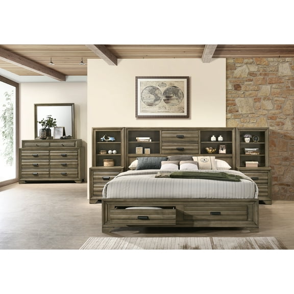 Loiret Light Grey Finish Wood Storage Platform King Wall Bed with Dresser and Mirror