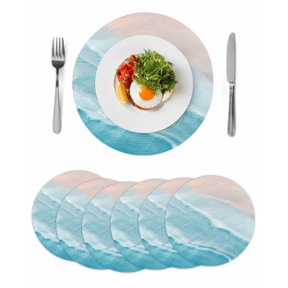 Blue Coastal Wave Round 15 Inch Placemats Set of 6, Summer Modern Ocean Beach HeatResistant Non Slip Place Mats for Dining Table, Wipeable Braided Kitchen Table Mats for Housewarming