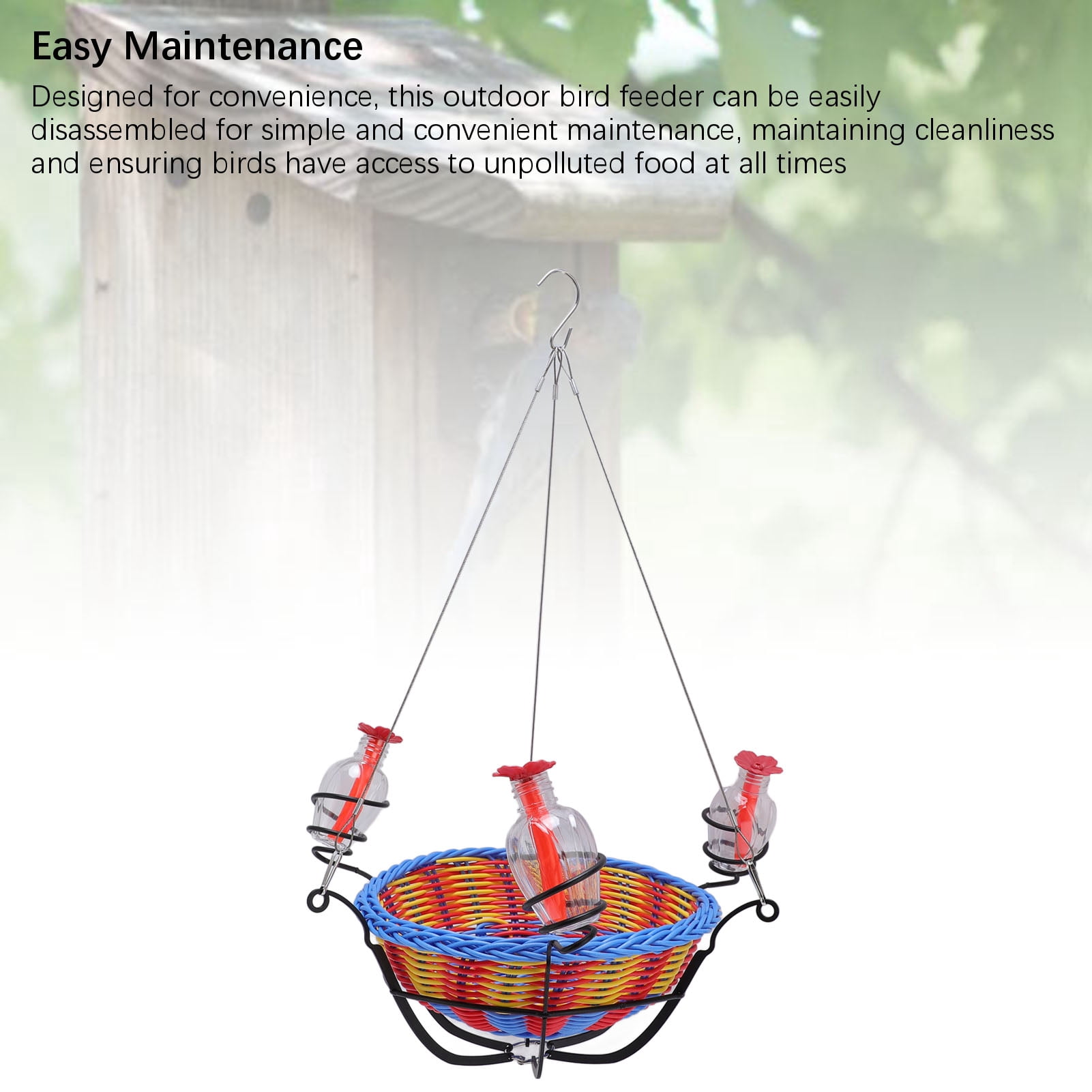 BIMZUC Outdoor Hanging Bird Feeder Rattan Basket Water Feeding Station for Hummingbirds, Garden Balcony Tree Branch Decor, 16.9 x 11.8 inches / 43 x 30 cm, Multi-color