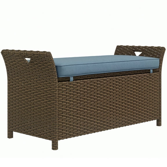 CRXX 29 Gallon PE Rattan Wicker Storage Bench, Outdoor Patio-Dark Blue