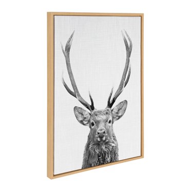 Kate and Laurel Sylvie The Red Deer BW Framed Canvas Wall Art by Simon Te of Tai Prints, 23x33 Natural, Black and White Forest Deer Portrait Art
