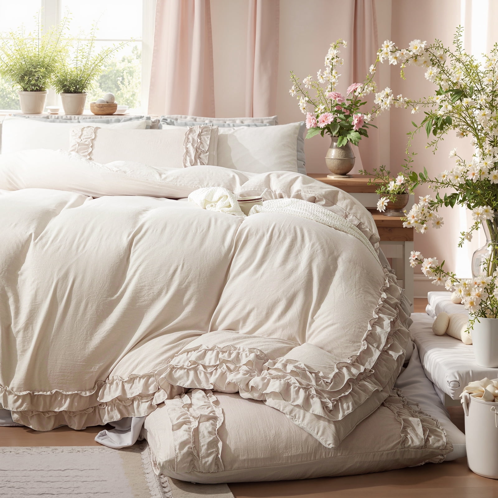 White Ruffle Duvet Cover Set Queen Size Shabby Chic Bedding Set Ruffled Farmhouse Pure White Comforter Cover Boho Duvet Cover Set
