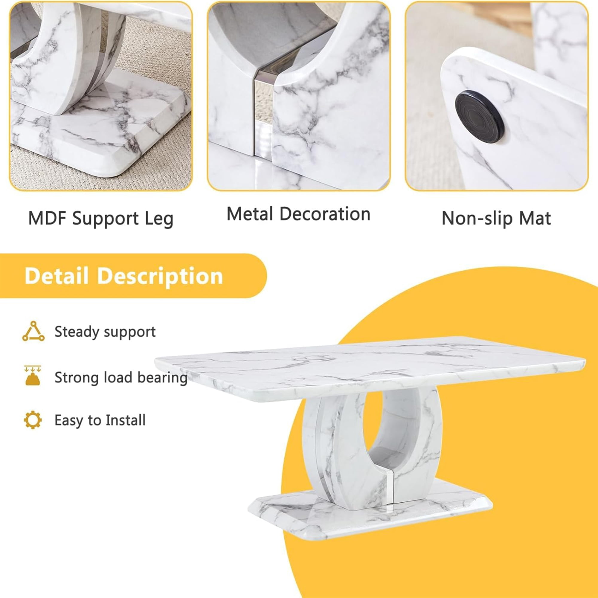 Rectangle Coffee Table for Living Room, Imitation Marble Coffee Tables with Storage, Modern Stable Base Center Tea Table for Dining Room Small Space Apartment (43.3''L×22.4''W-White)