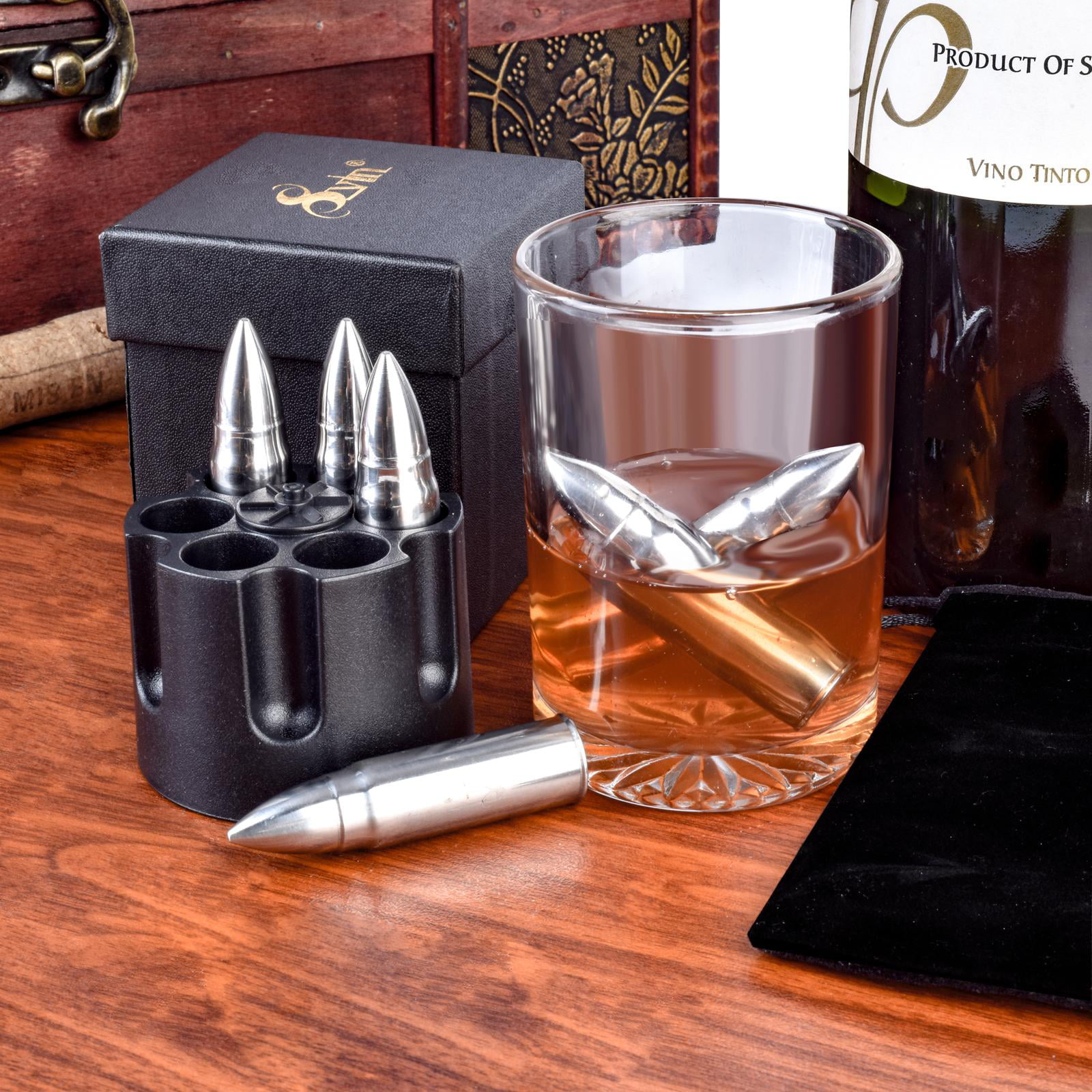 Whiskey Stones Bullets with Base - Silver XL Whiskey Ice Cubes Reusable for  Men - Set of 6 Whiskey Bullets Stainless Steel in Revolver Base - Chilling