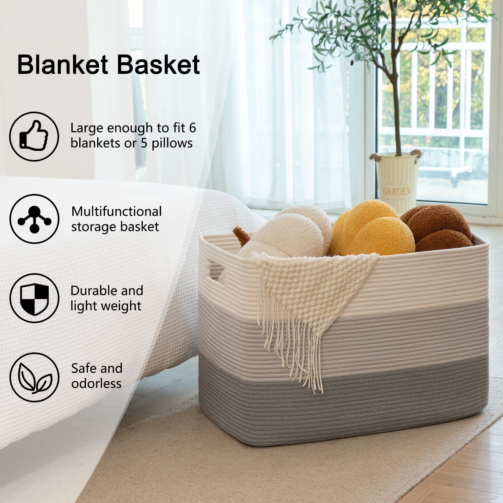 Extra Large Blanket Basket, 110L Cotton Rope Woven Laundry Basket, baby laundry basket,Cotton Rope Blanket Basket for Living Room, Laundry, Nursery, Pillows (Gradient Grey)