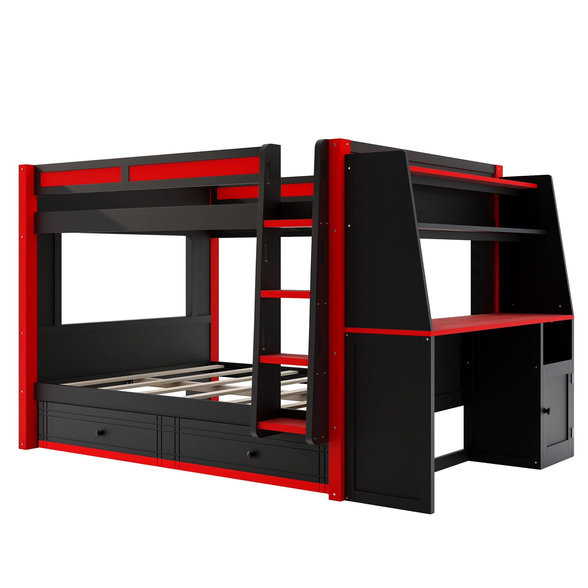 Euroco Wood Full over Full Bunk Bed with Desk and Shelves, Gaming Bed with Drawers and LED Lights, Red & Black