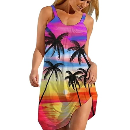 

jsaierl Beach Dresses For Women Sexy Hawaiian Tropical Print Sling Mini Dress Summer Loose Comfy Boho SunDresses for women 2023