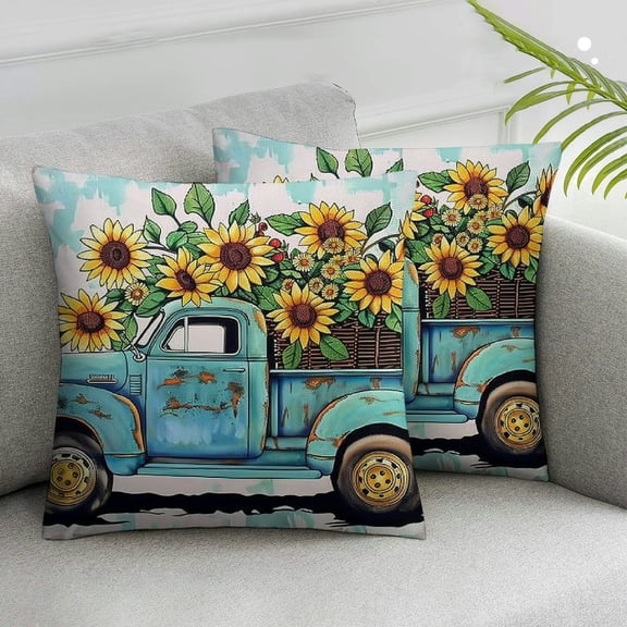 JRXY  Sunflower Farmhouse Throw Pillow Cover Yellow Flowers On Pickup Truck Rustic Wood Soft Pillow Cover Solid Square Cushion Case Match for Home Decor,Set of 2 White