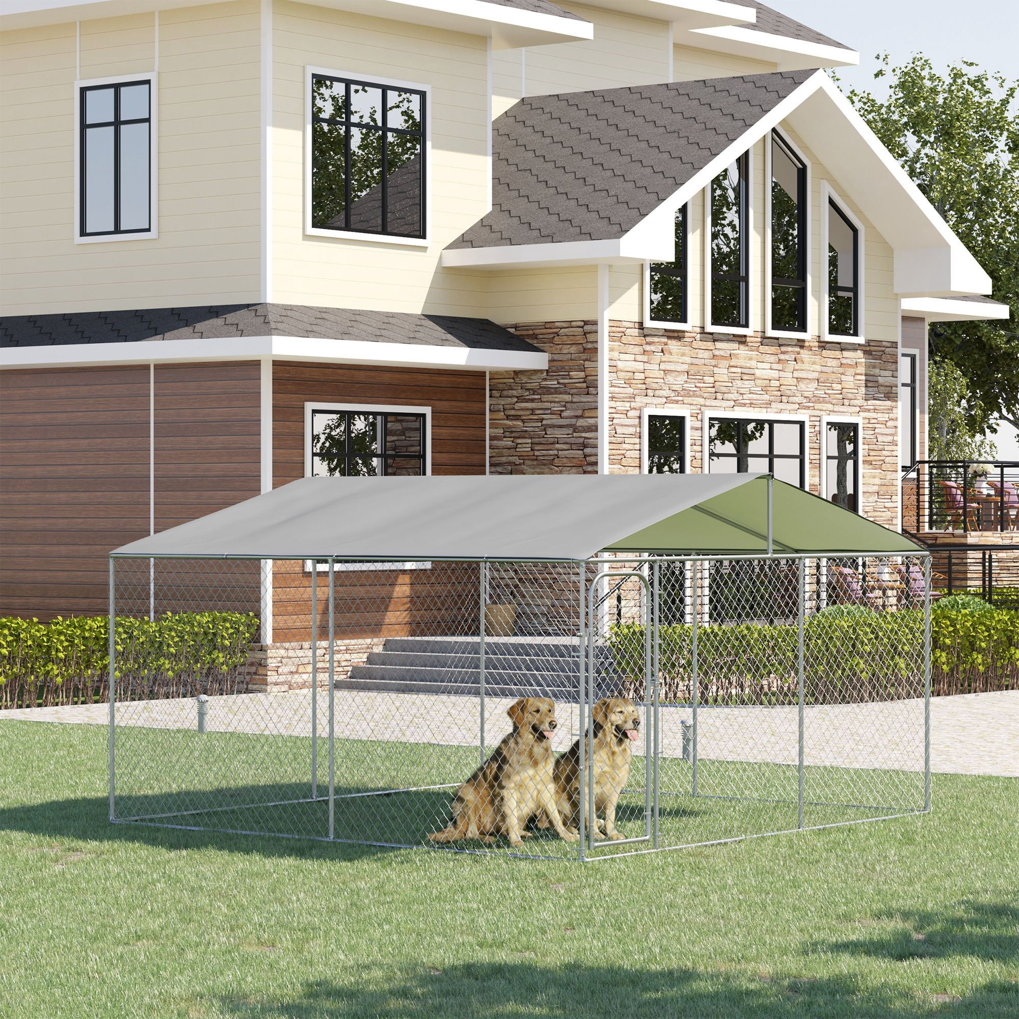 Dranite 13x13x7.5 FT Outdoor Dog Kennel, Galvanized Steel Fence with Waterproof Cover