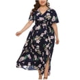 thumbnail image 2 of Inadays Women's Summer Plus Size Maxi Dress Casual Boho Floral Print Wrap Dress V Neck Waist Tie Short Sleeve Party Beach Split Swing Long Dresses, Navy, 2XL, 2 of 5