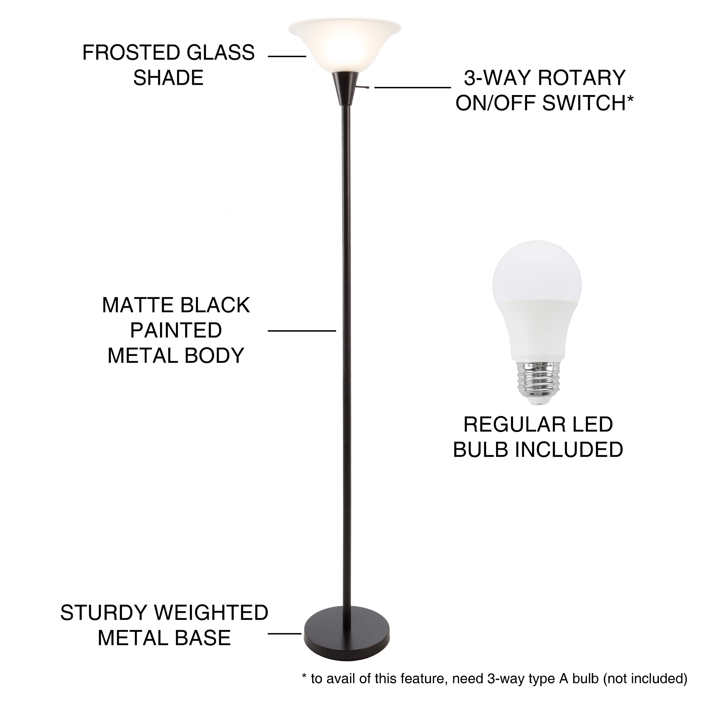 Lavish Home Torchiere Floor Lamp - Standing Light with Sturdy Metal Base and Frosted Glass Shade