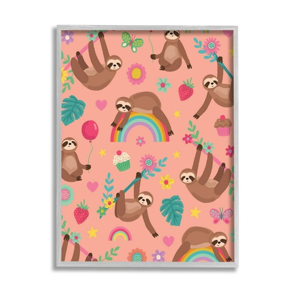 Stupell Industries Sloths Climbing Botanical Branches Whimsical Floral Pattern Graphic Art Gray Framed Art Print Wall Art, Design by Lisa Perry Whitebutton