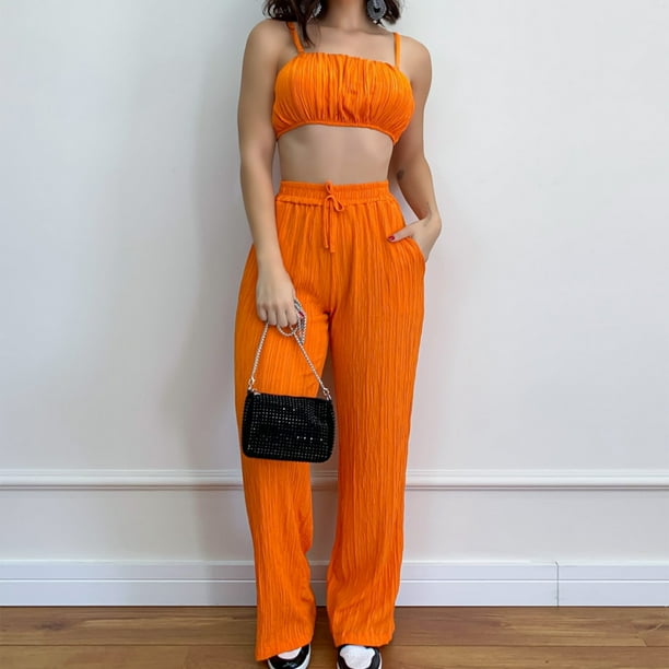 Conjunto De Pantalón Y Top Con Tirantes Sin mangas Cami Top Pantalones casuales Conjunto de 2 piezas Sexy Sling Crop Top Pantalones de pierna ancha Cgtredaw Para estrenar
