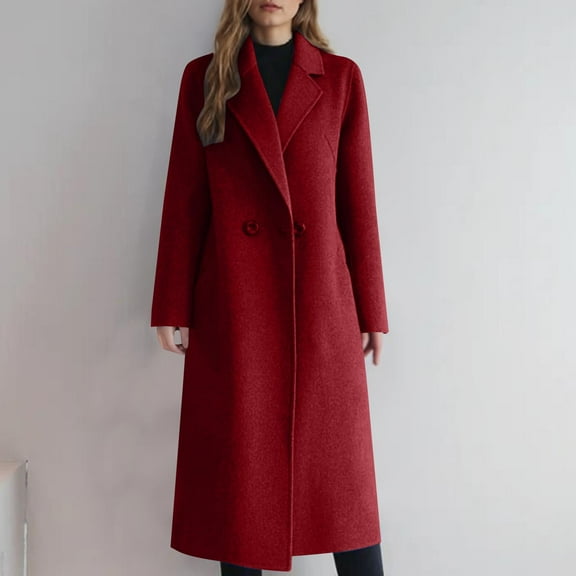 Classic Long Trench Coat for Women 2-button Wool Blend Jacket Notch Lapel Collar Knee Length Peacoat Overcoat (XS, Red)