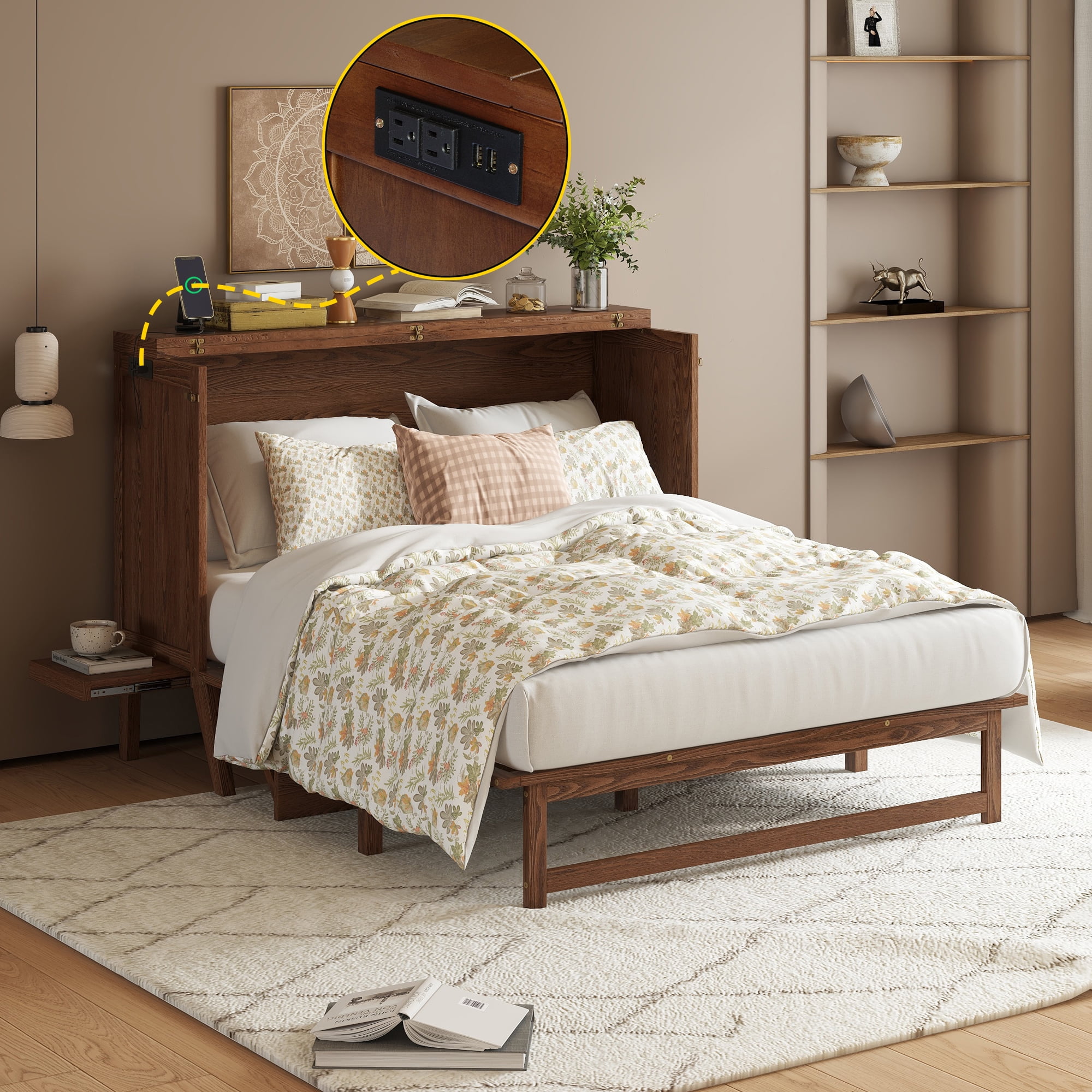 Sailvan Queen Size Murphy Bed with USB Port Shelves on Each Side, Solid Pine Murphy Cabinet Bed