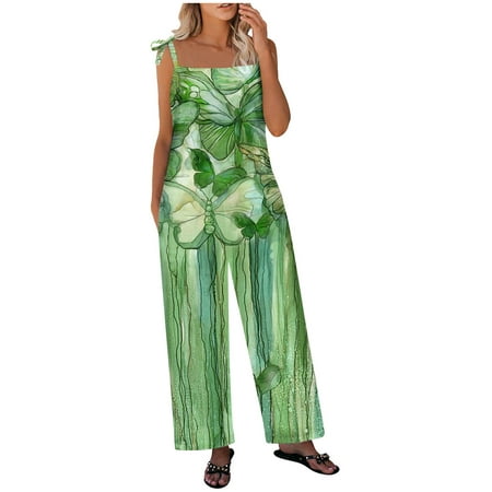 

Womens Jumpsuits Summer Breathable Tie Dye Printed BAndage Adjustable Shoulder Strap Pants Wide Leg Pants With Pocket