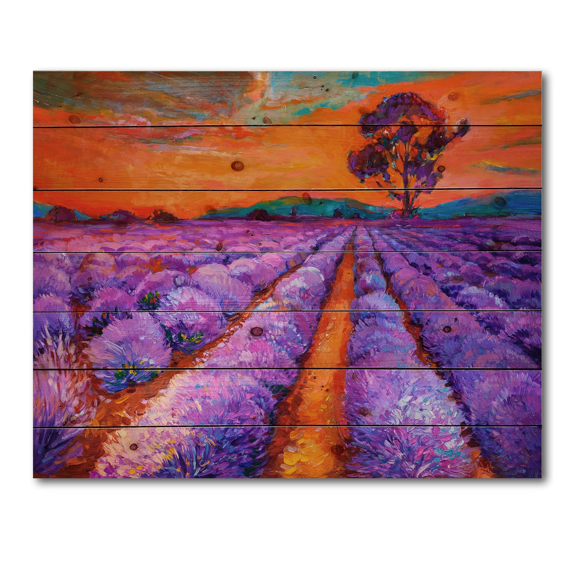 Designart 'An Orange Sunset Over Purple Lavender Fields I' Farmhouse Print on Natural Pine Wood