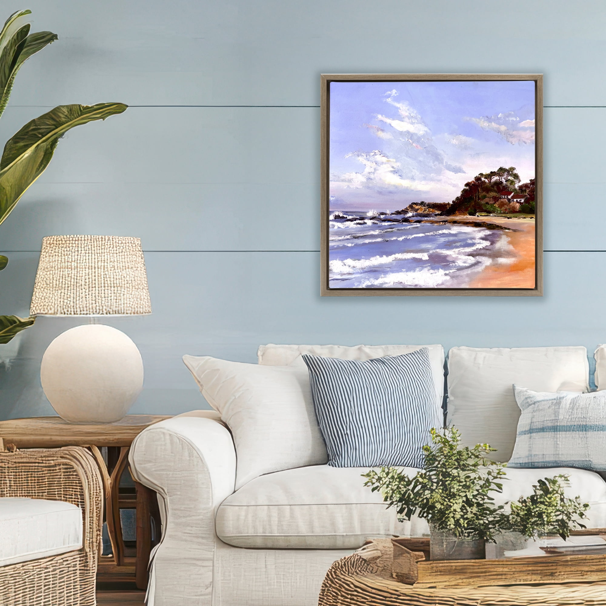 Malua Bay Seascape Brown Framed Floater Canvas Wall Art, design by Patricia Reynolds