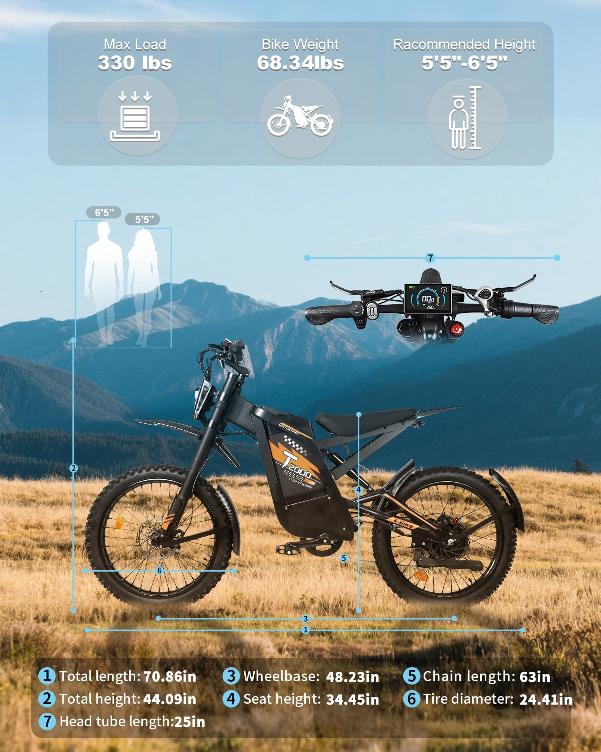 VTOKW T2000 Electric Dirt Bike for Adults,3000W Peak Electric Motorcycle 37MPH 48V 30Ah Battery,85+Miles Electric Bike,24" Fat Tire Ebike,Dual Hydraulic Brakes Mountain Bike,Full Suspension,UL2849