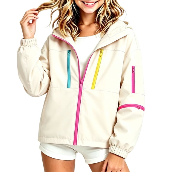 Jalioing Kids Rain Jacket Fall Casual Color Block Zip Up Hooded Windbreaker Big Boys Girls Windproof Jacket with Pocket