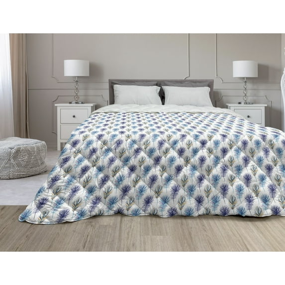 Peacock Down Alternative Comforter, Concept Exotic Bird and Floral Mandala Repetition, Microfiber Quilt for All Season, 5 Sizes, Pale Blue White, by Ambesonne