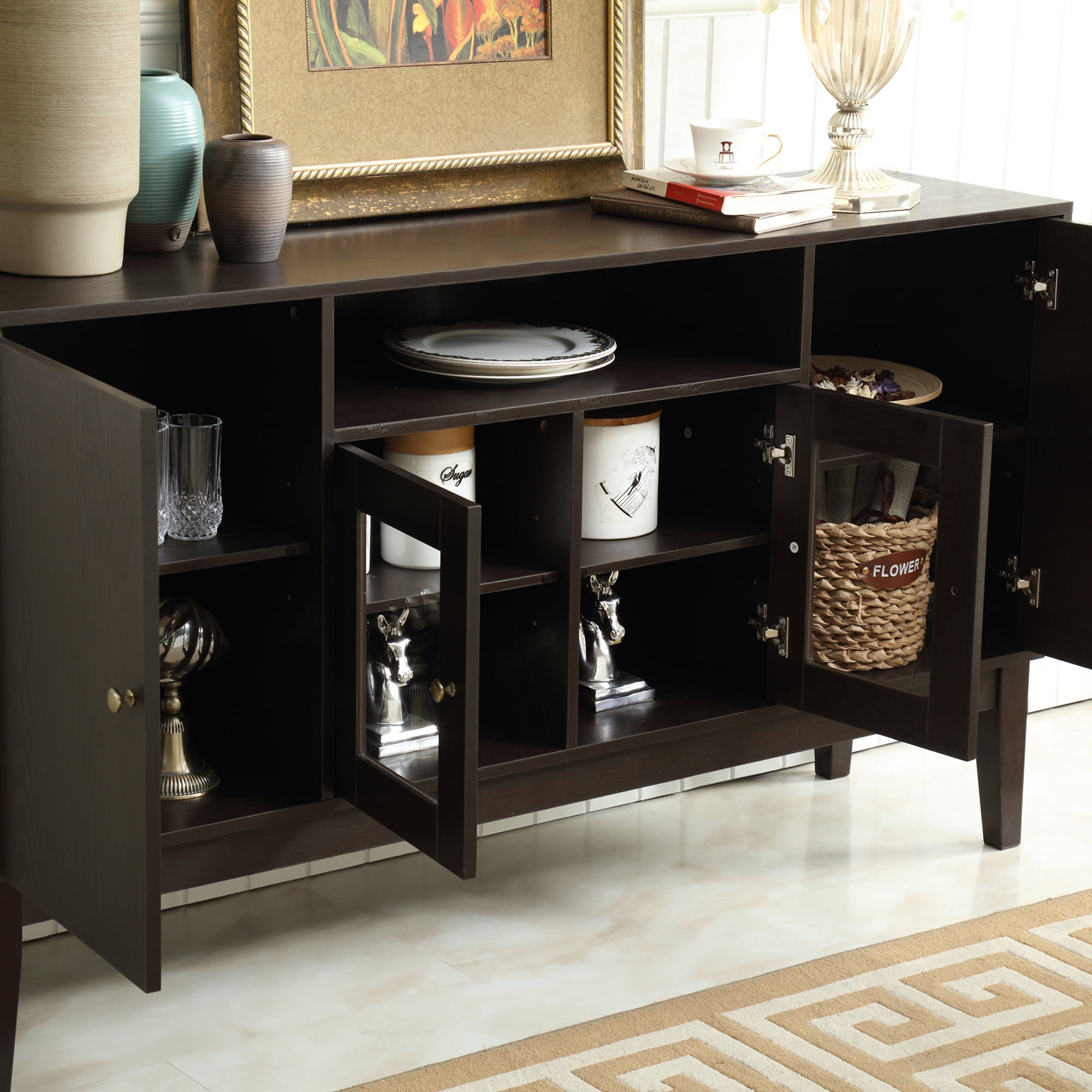 Resenkos 4 Door Sideboard Buffet Cabinet with Solid Wood Legs, Open Storage Console Table for Kitchen Dining Room Entryway or Hallway Dark Brown